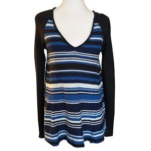 Free People Women’s Sweater 100% Cashmere Blue Striped Asymmetrical Sz M Luxury